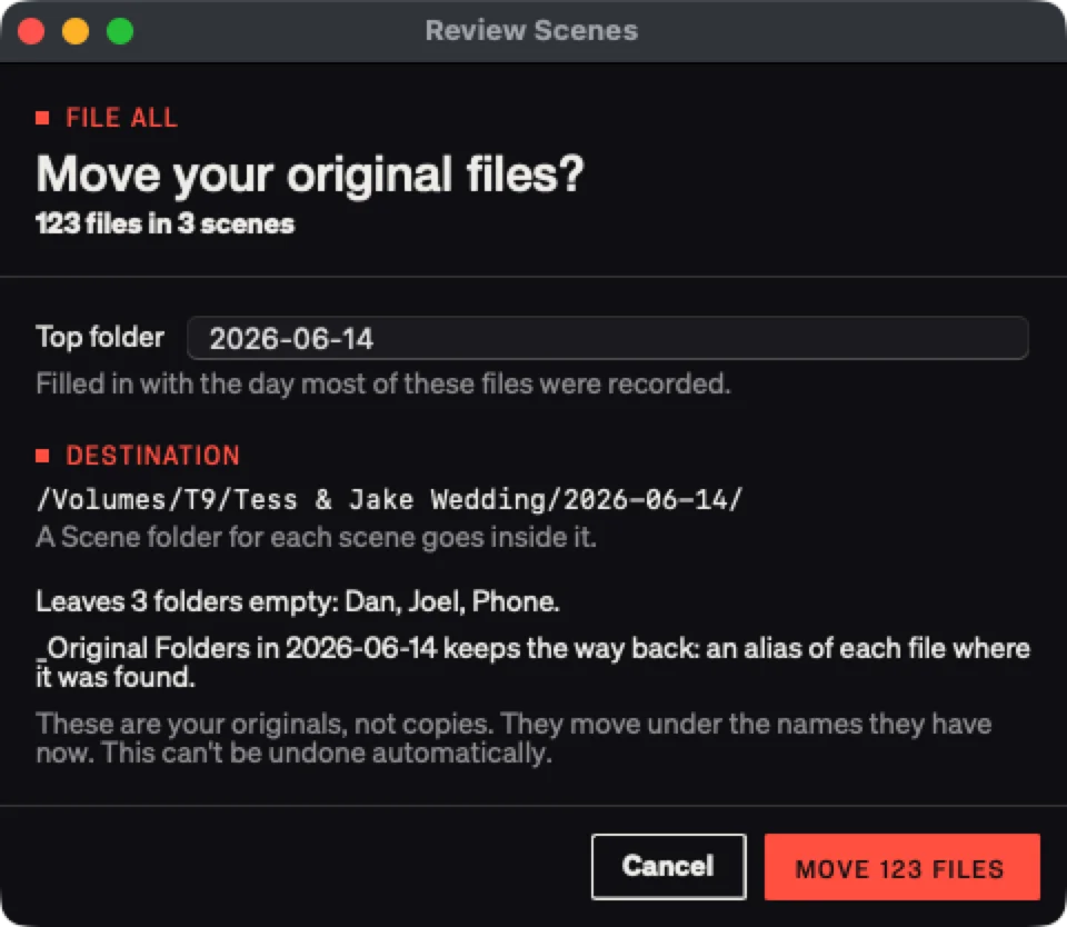 The File All confirm: 123 files in 3 scenes moving into a dated folder, with the folders it will leave empty listed.