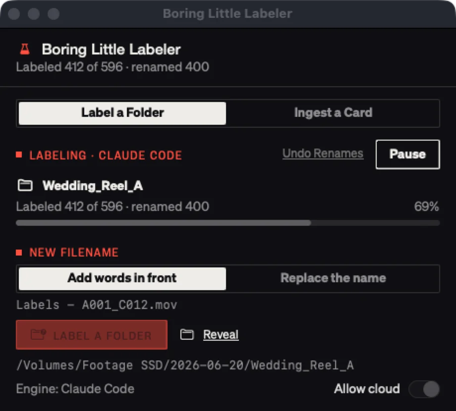 Label a Folder partway through a run: 412 of 596 files labeled and 400 renamed, with Pause and Undo Renames.
